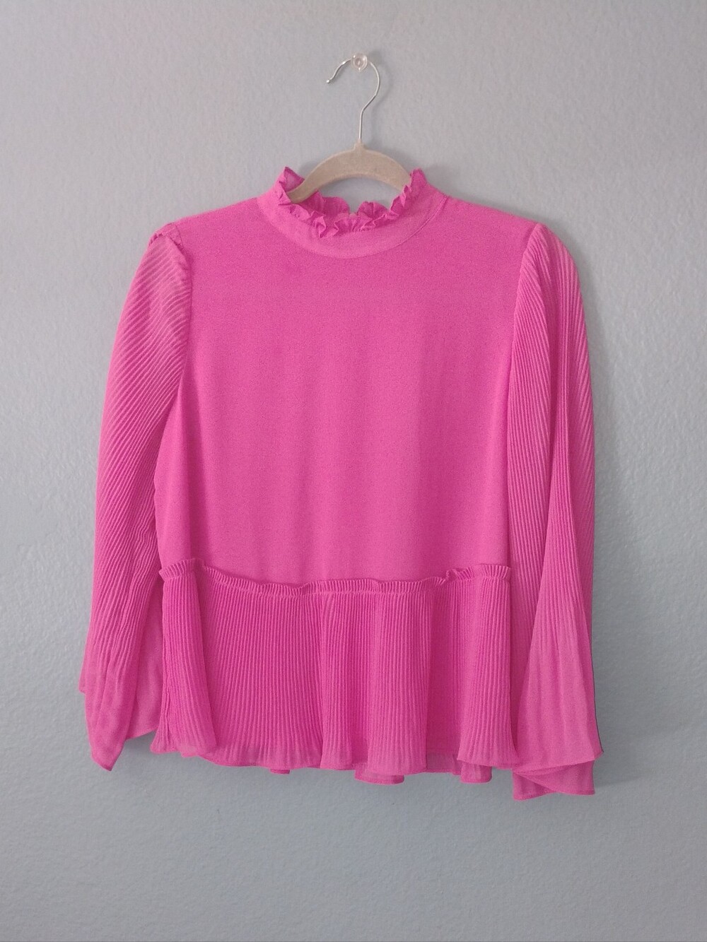 Ann Taylor Hot Pink Ruffled Mock Neck Pleated Peplum Blouse